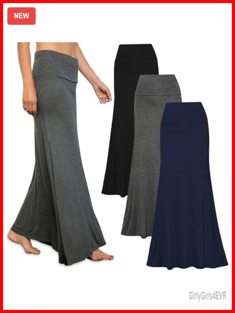 3 Pack Long Maxi Skirts Stretchy Flowy High Waisted Fold Over Rayon